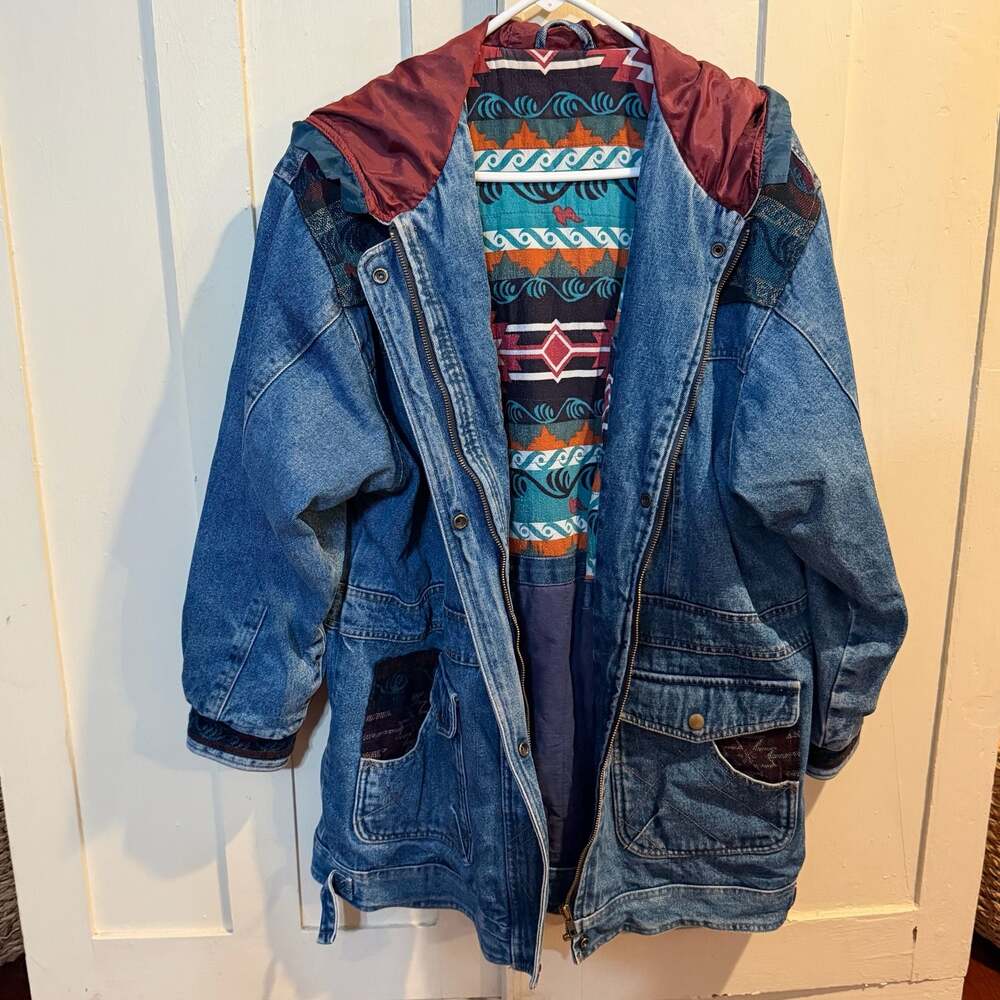 Outbrook Denim Coat Womens Southwestern Aztec Navajo Indian Vintage 90s sz Large